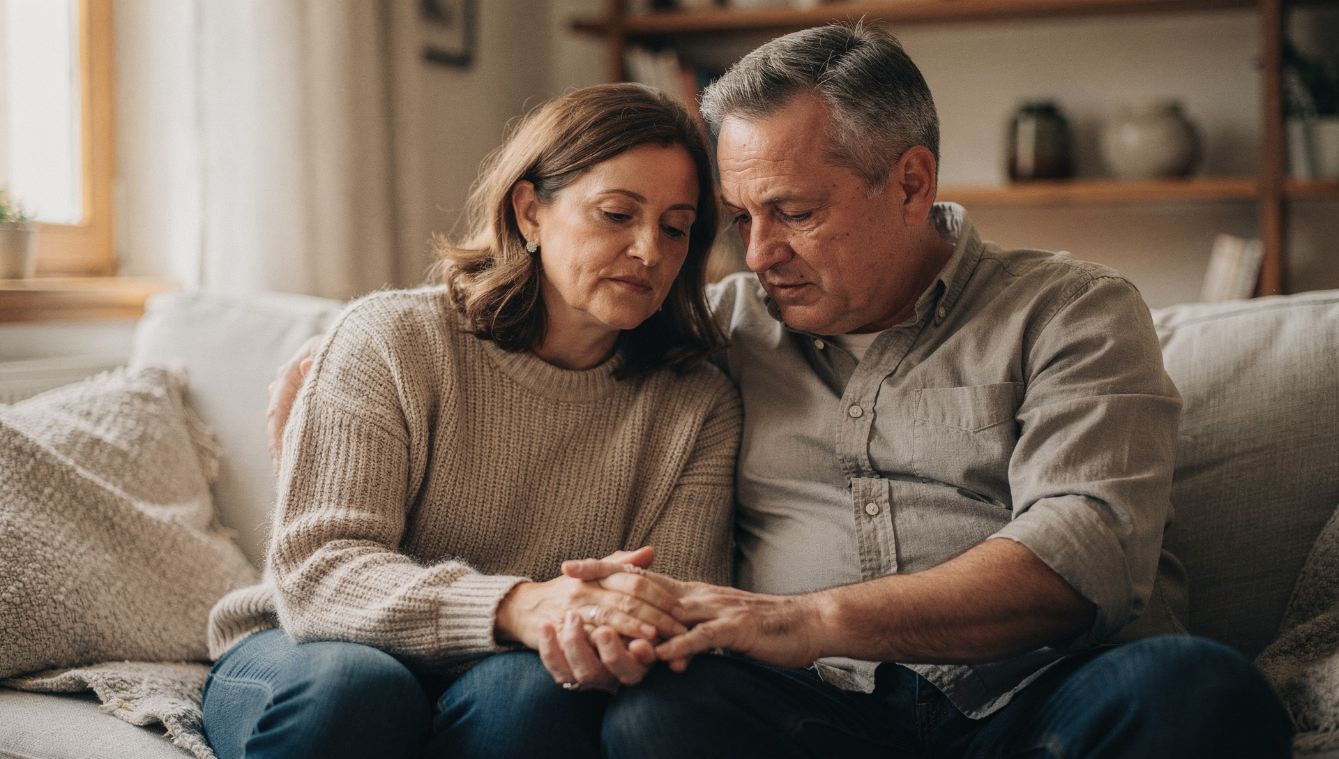 A couple having a calm, supportive conversation at home