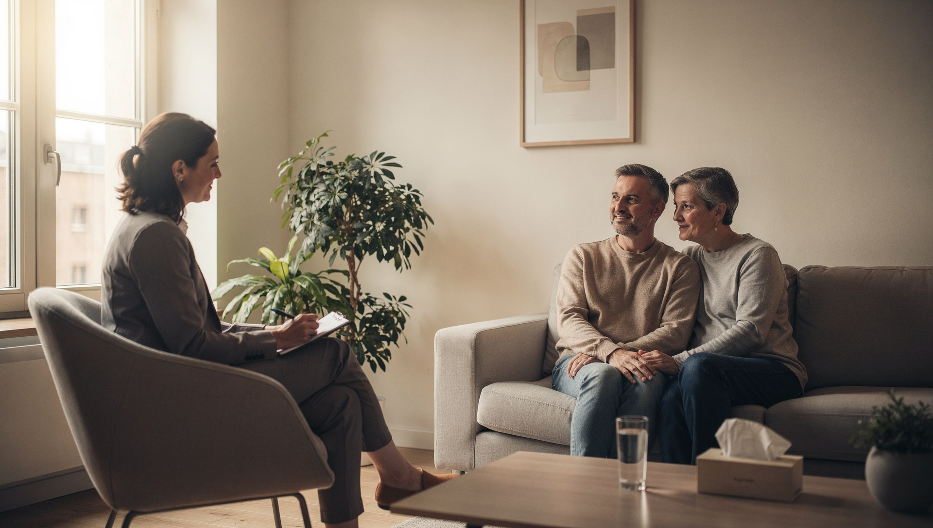 Psychologist supporting a couple in a calm consultation room