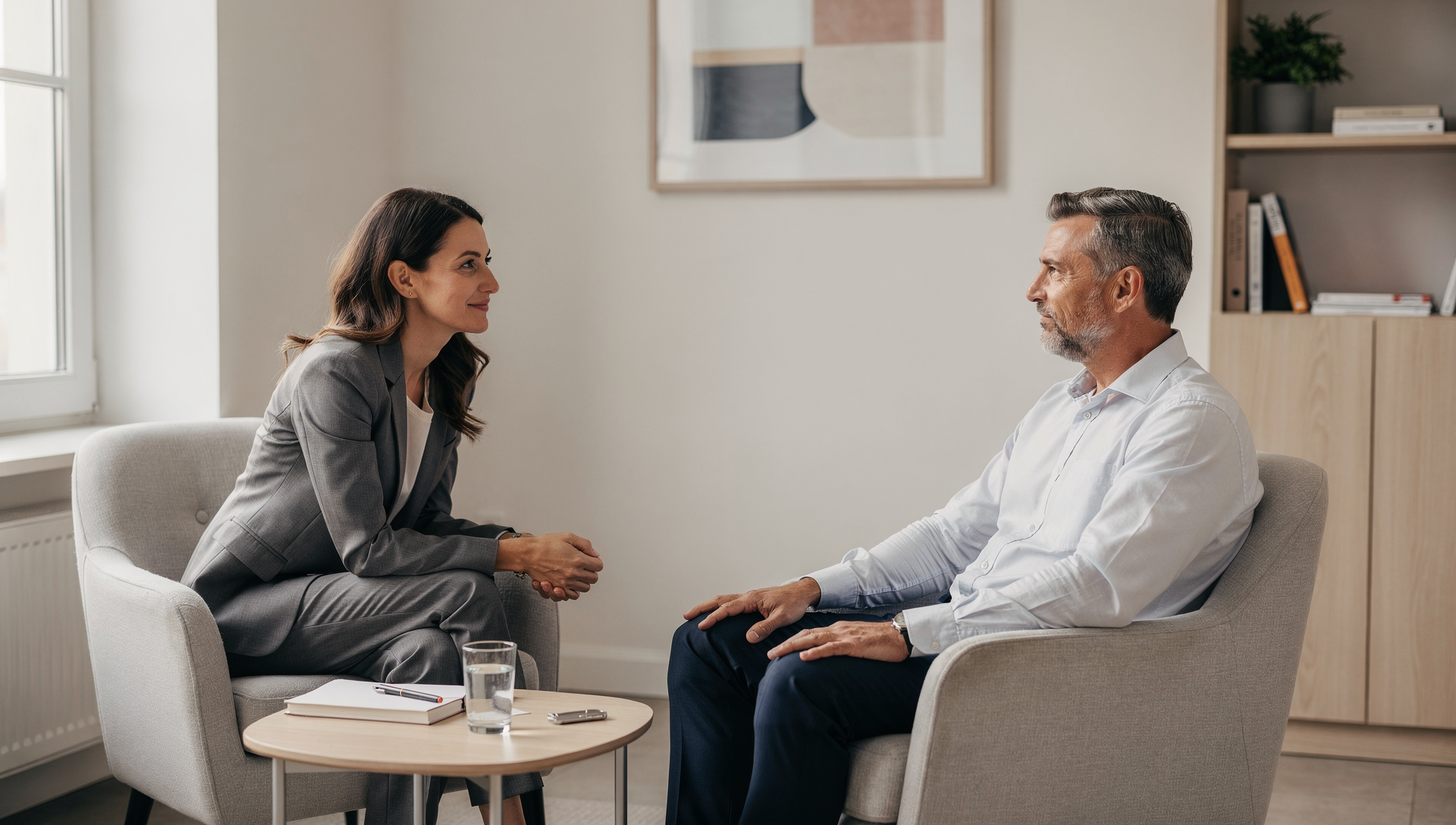 A psychologist speaking with a patient in a consultation room
