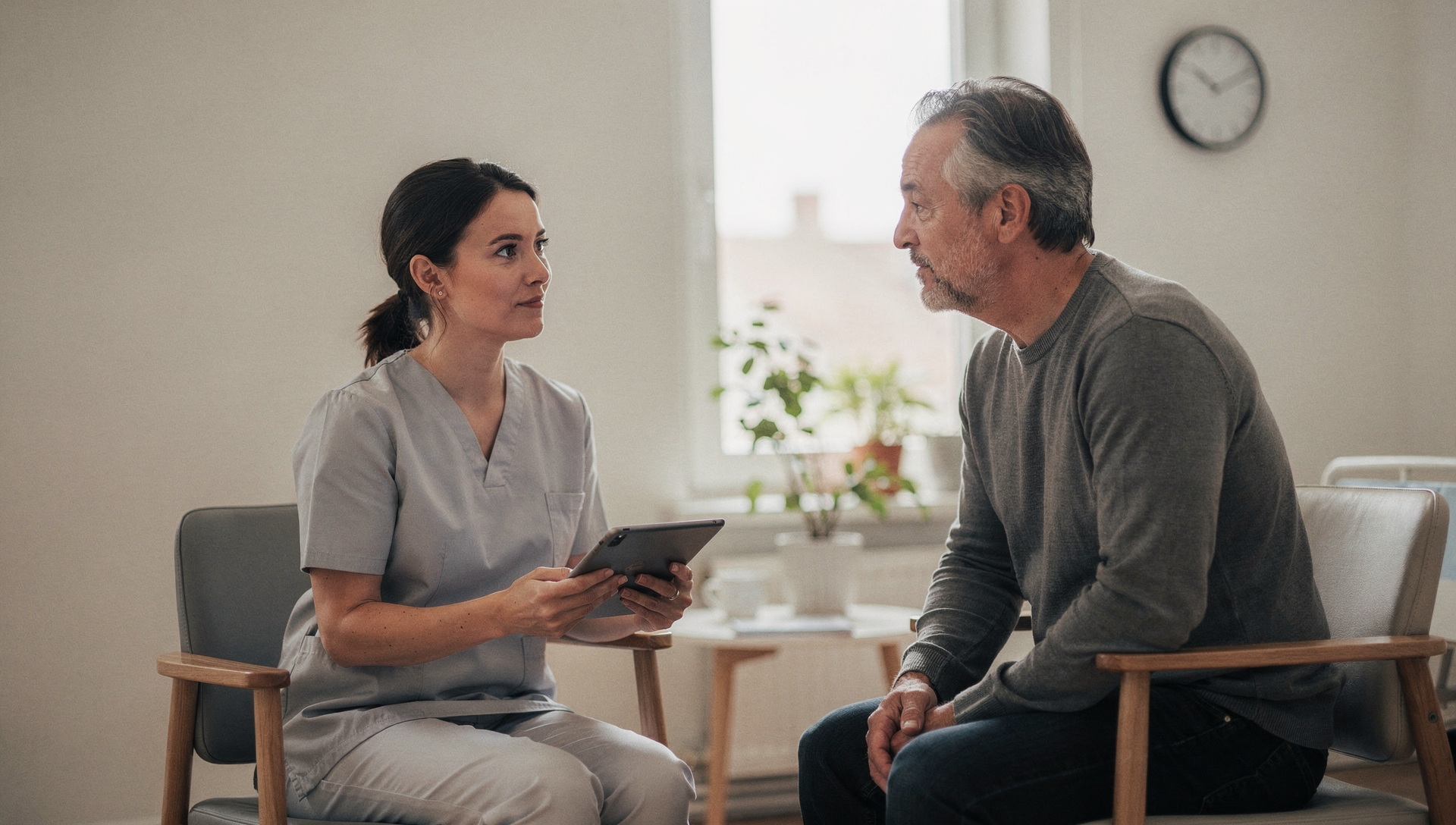 Nurse giving calm instructions to a patient