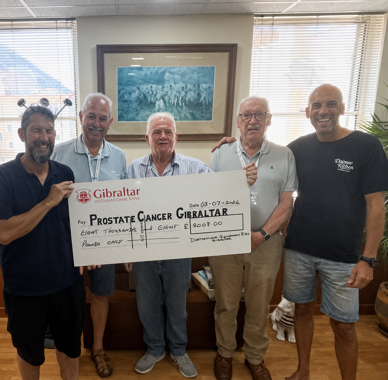 Dapper Riders Gibraltar presenting an £8,008 donation cheque to Prostate Cancer Gibraltar