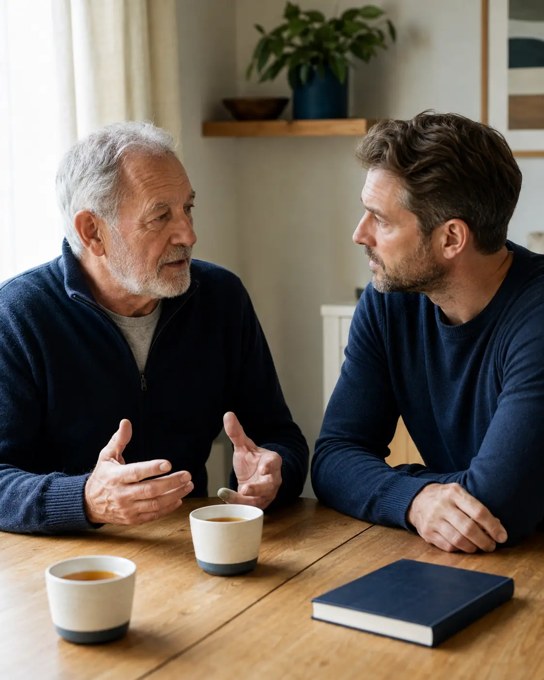 Older father having an open conversation with his adult son about prostate cancer and family medical history