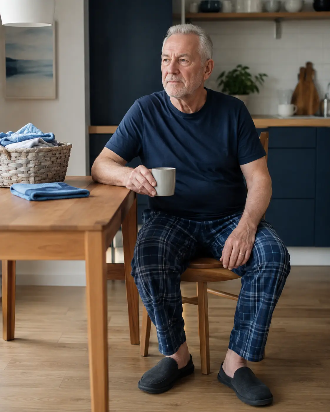 Mature man resting at a kitchen table after completing a household task