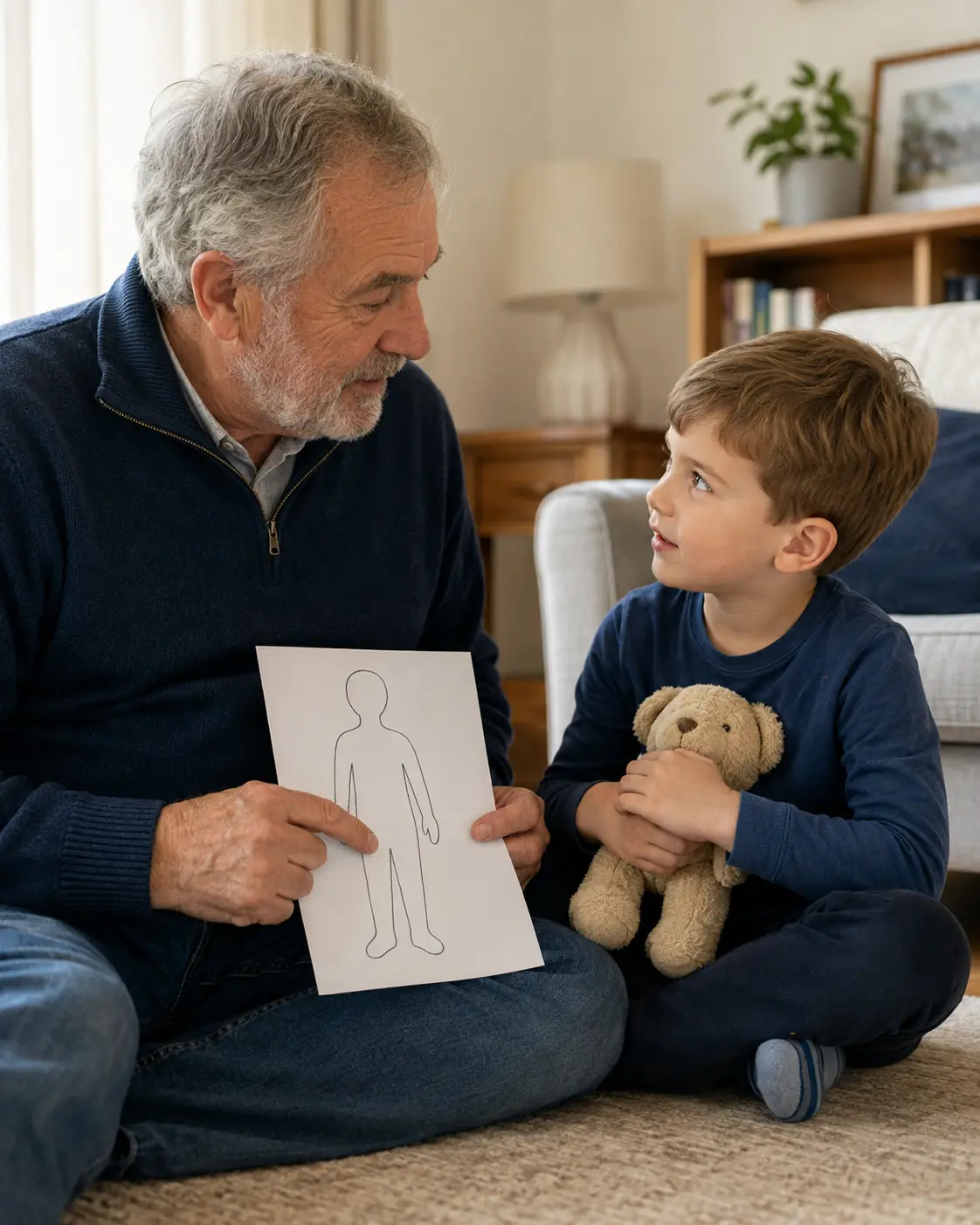 Grandfather using a simple drawing to explain prostate cancer to a young child