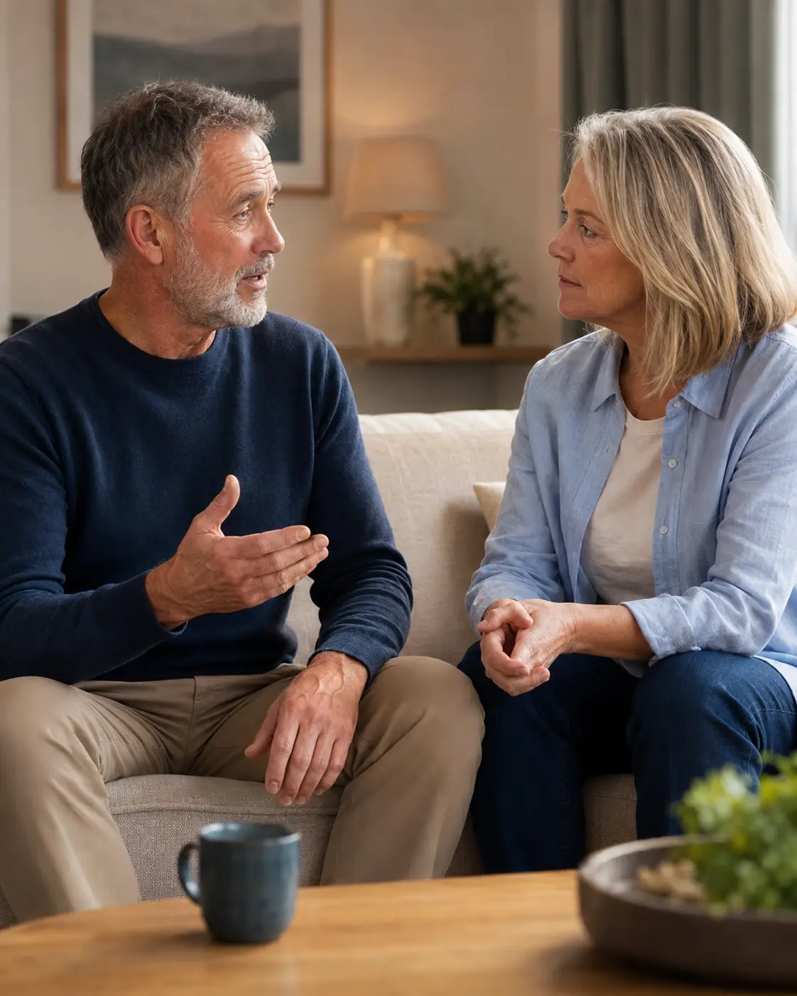 Mature couple having a calm and honest conversation at home