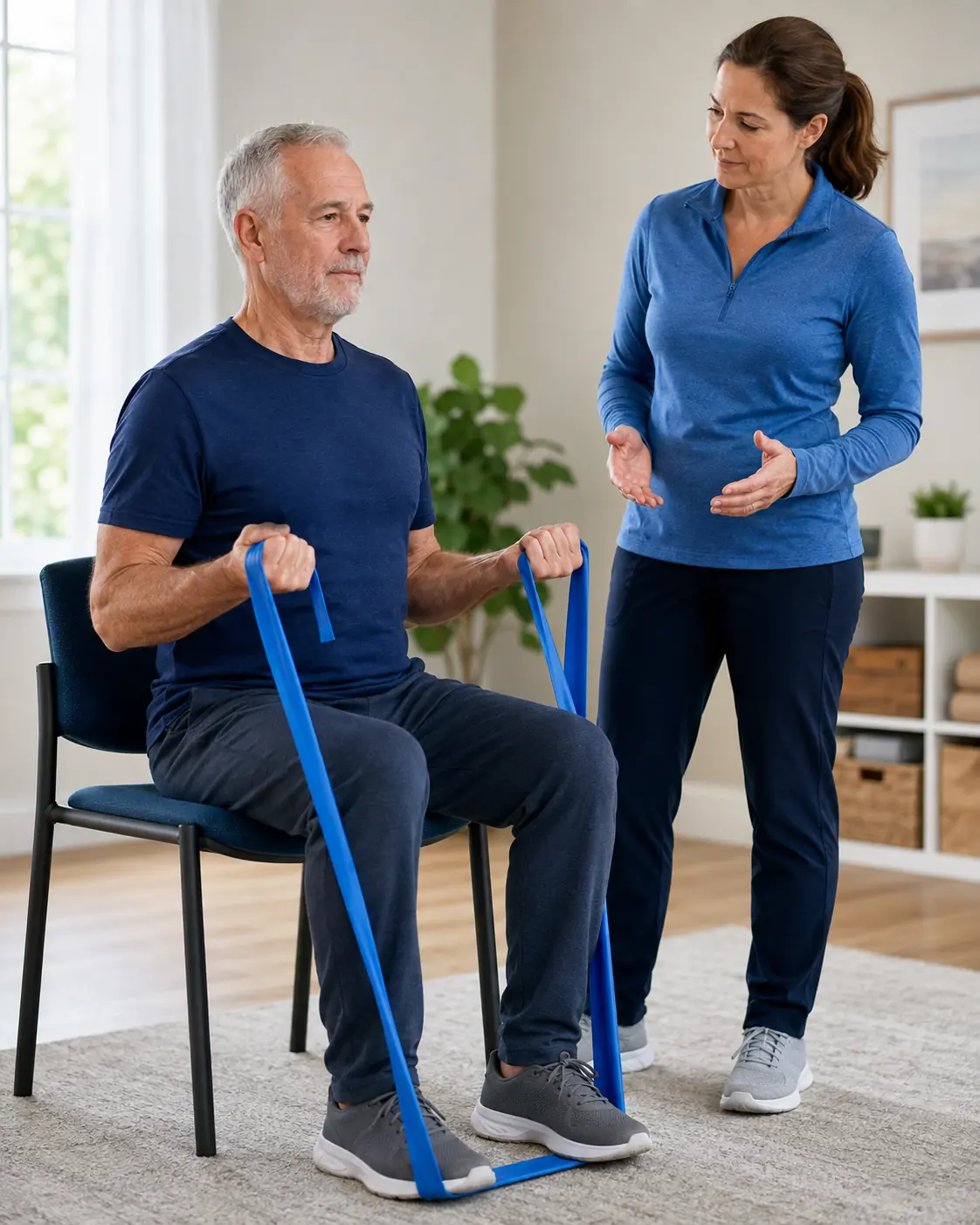 Older man doing a gentle seated resistance-band exercise with professional guidance