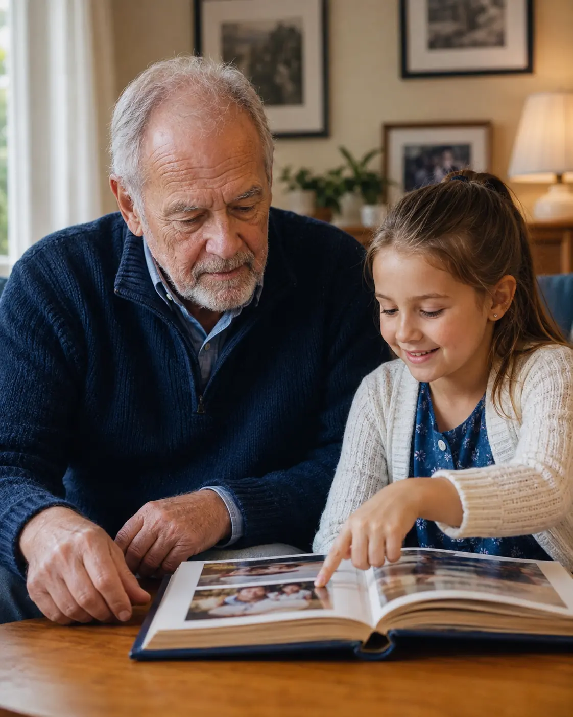 Grandfather and grandchild looking through a family photo album together during prostate cancer treatment