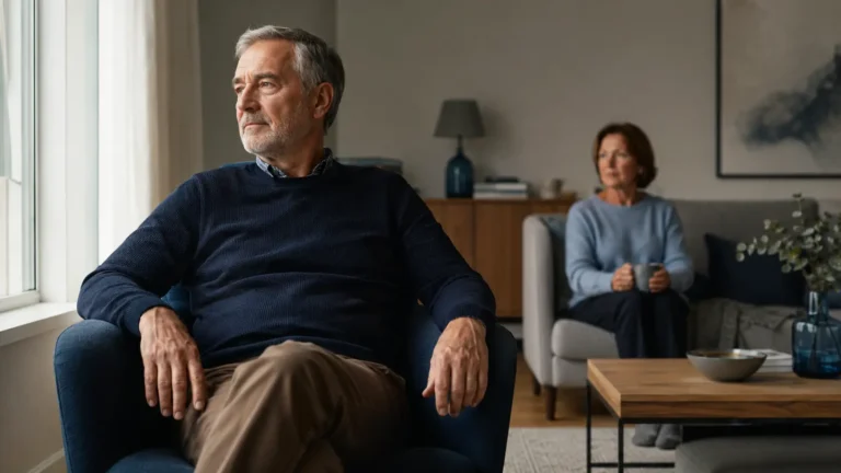 Mature man reflecting at home while his partner sits nearby during prostate cancer hormone therapy.