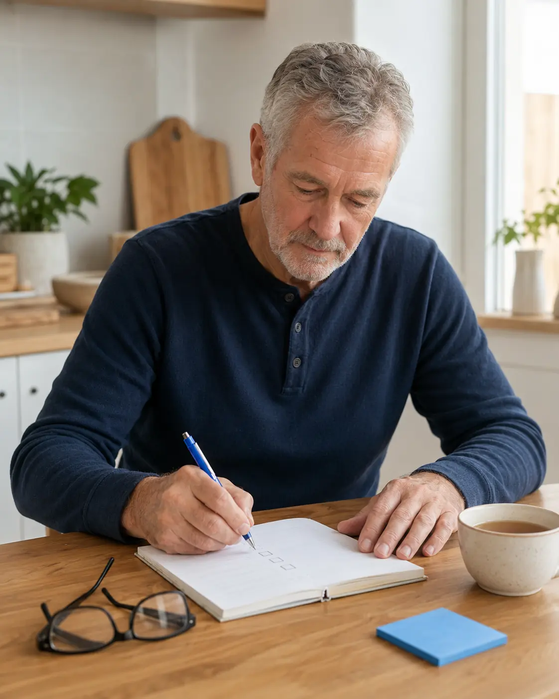 Mature man using a notebook to plan a manageable day during prostate cancer treatment