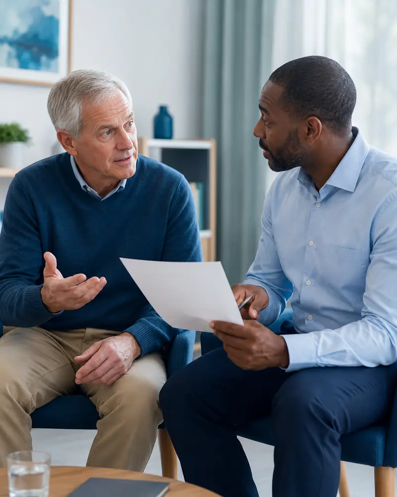 Man discussing his prostate cancer follow-up and PSA result with a healthcare professional