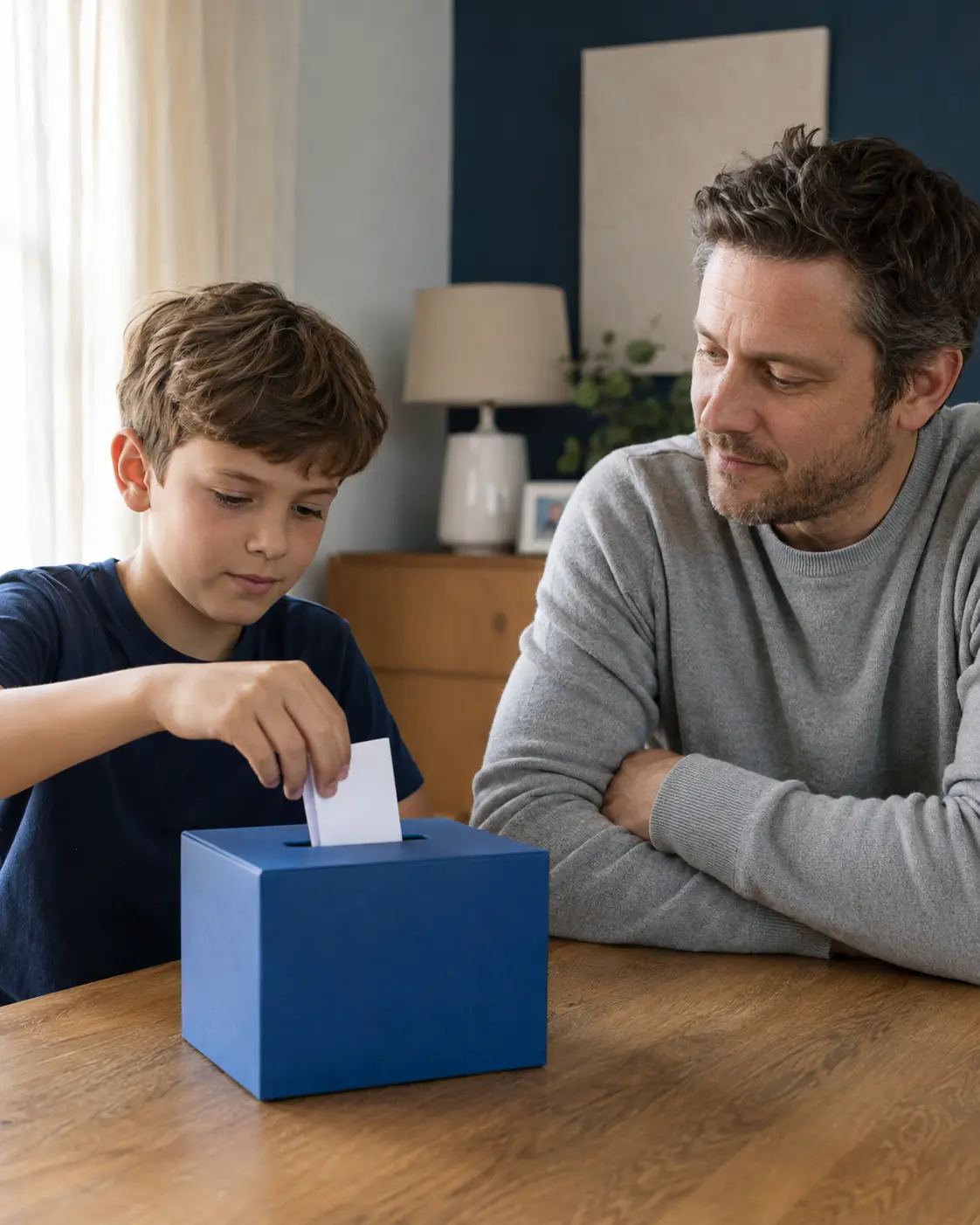 Child placing a written question into a blue family question box