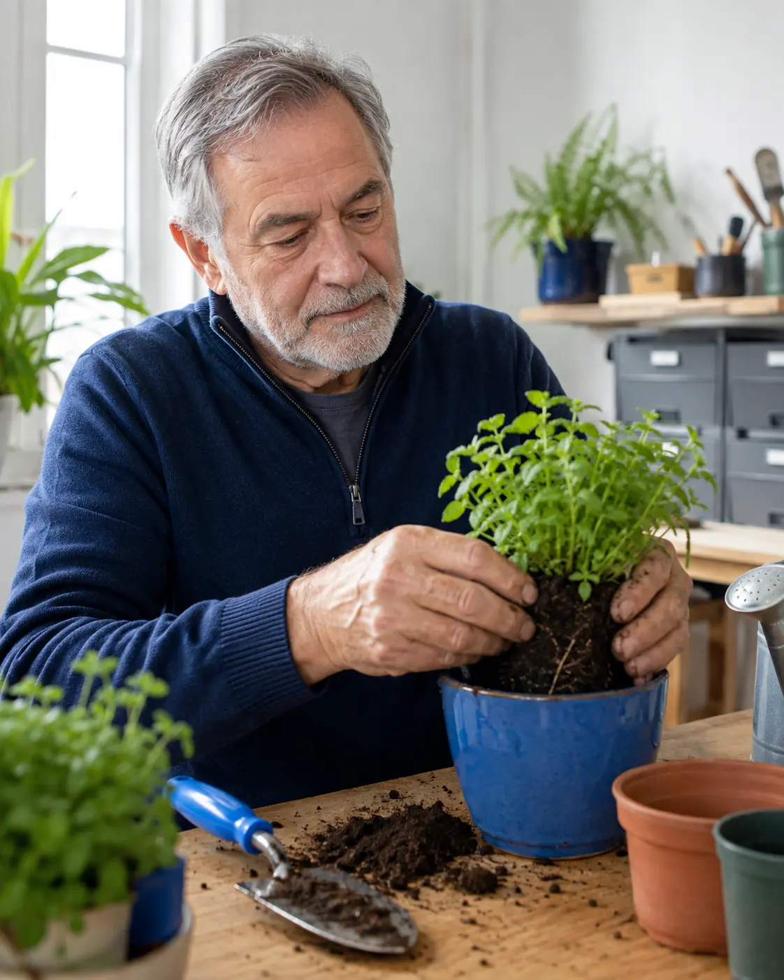 Mature man absorbed in repotting a plant as a meaningful everyday activity