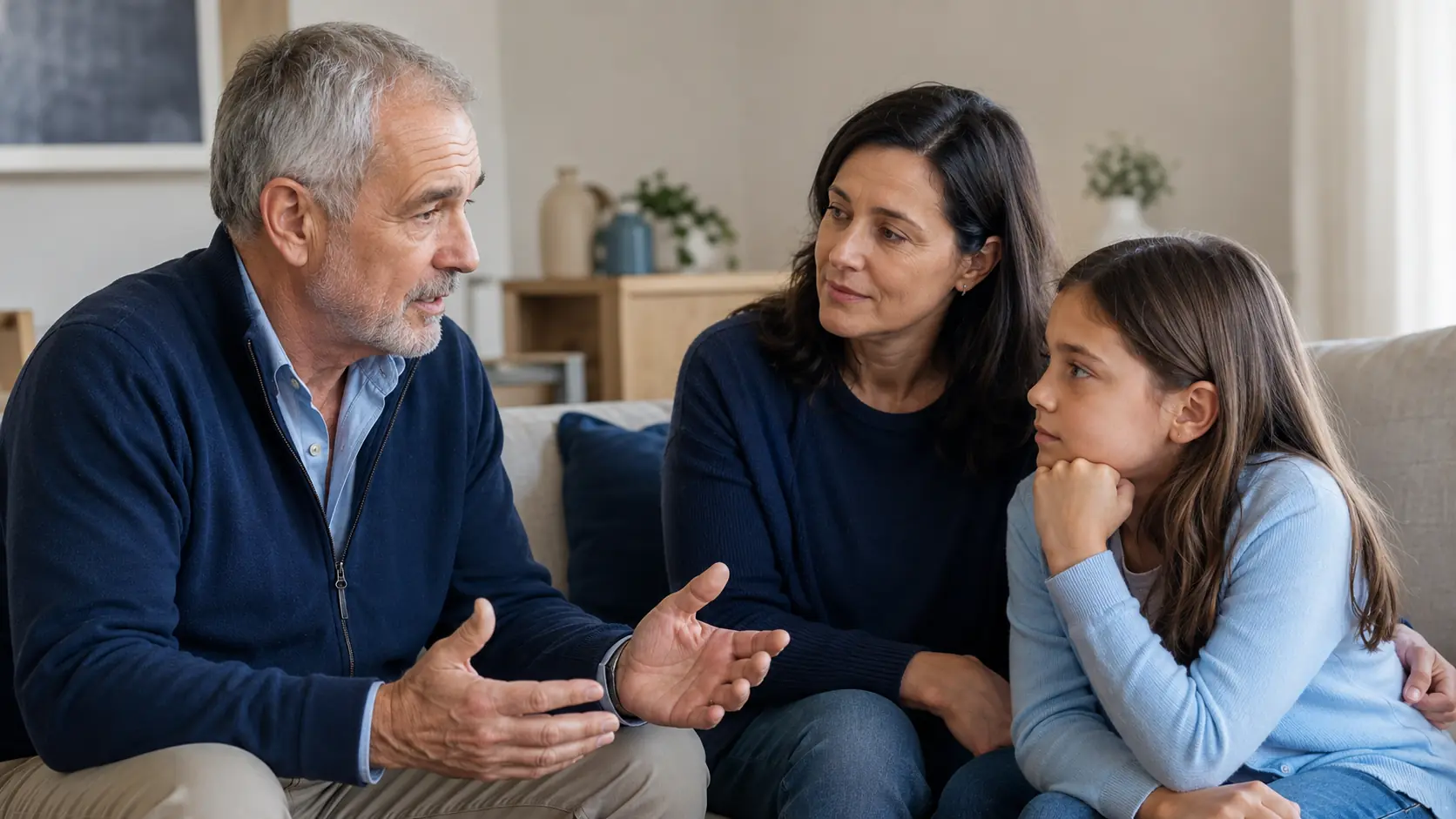 Grandfather, adult daughter and young granddaughter having a calm family conversation at home