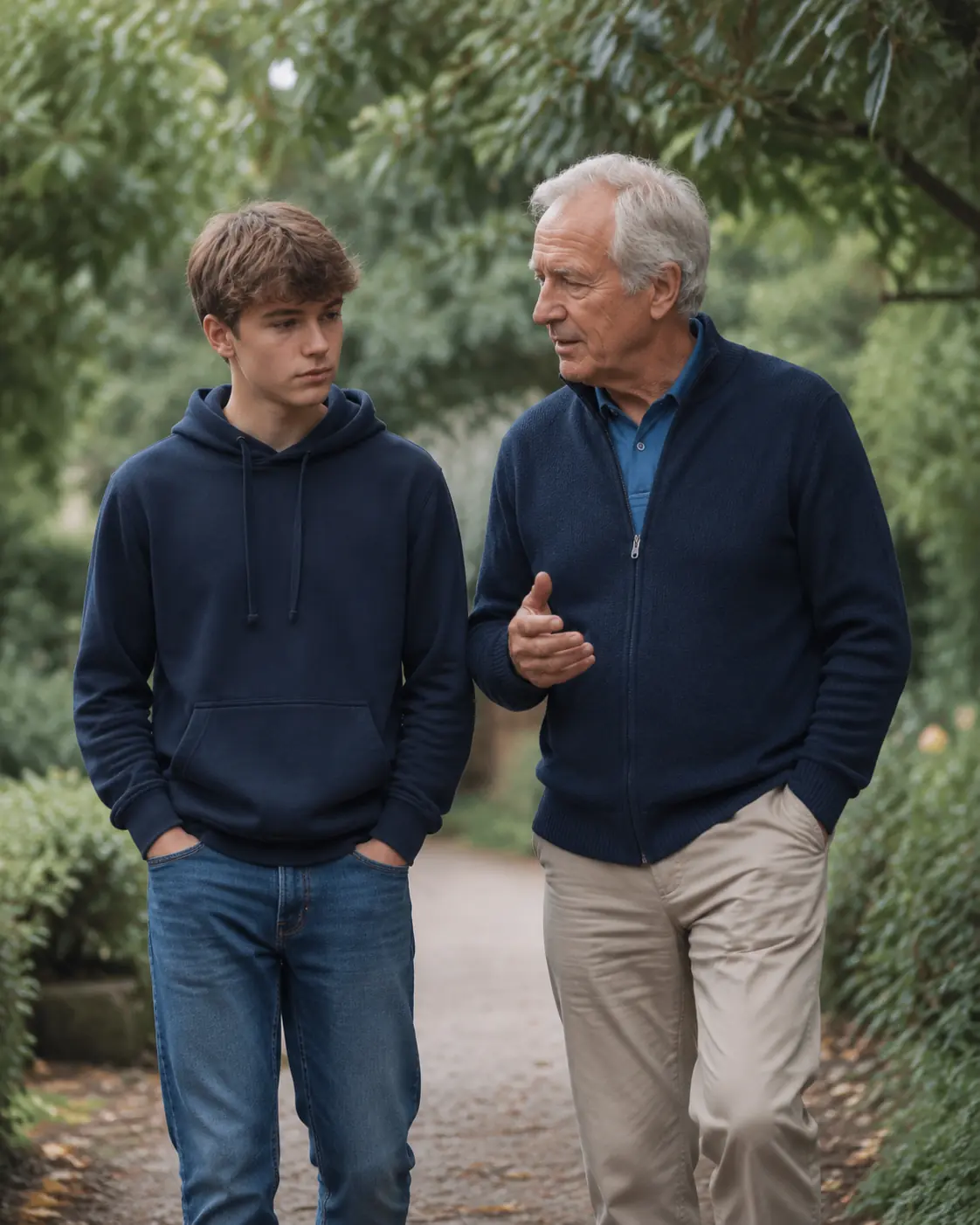 Grandfather and teenage grandchild talking while walking outdoors