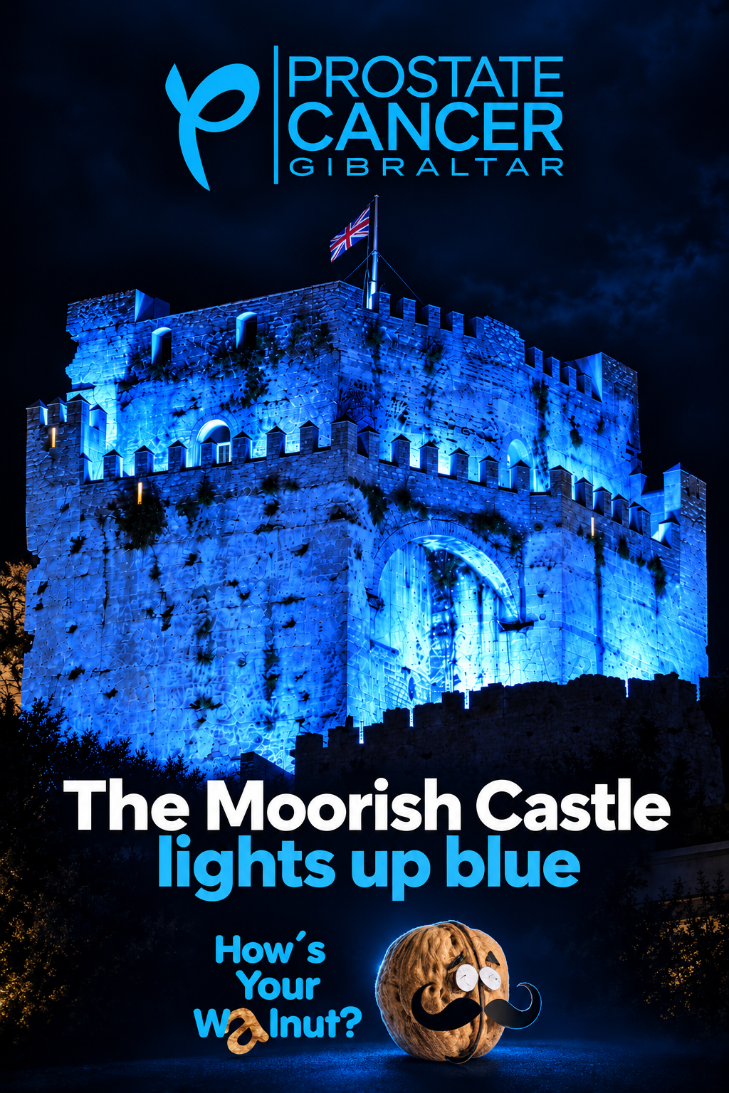 Moorish Castle Gibraltar illuminated blue for Prostate Cancer Gibraltar November awareness campaign 2026